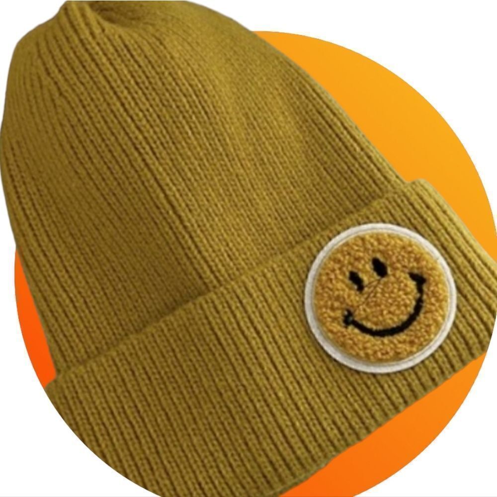 Knit ribbed smiley face hat beanie, mustard